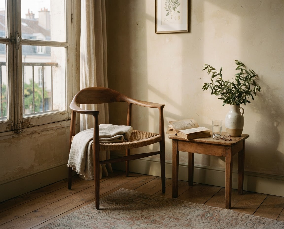 A calm reading corner with a wooden chair, linen and morning light