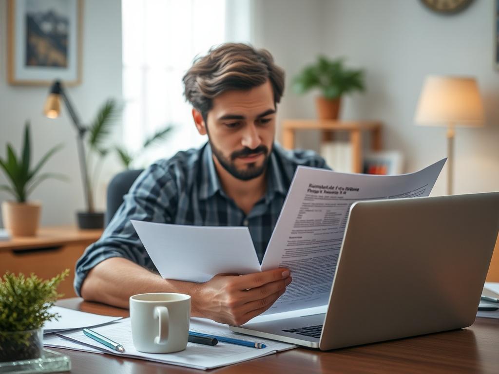 Create a realistic high-resolution image that visually represents the concept of "Understanding Declaração de Saída Definitiva do País." The composition should be simple and clear, featuring a single subject: a close-up shot of a person thoughtfully reviewing official documents related to tax residency in Brazil. The individual should be positioned at a desk, surrounded by important papers and a laptop, emphasizing the seriousness of the task at hand.

The background should be a softly blurred home office setting, thoughtfully arranged with elements such as a small potted plant and a cup of coffee, creating a warm and inviting atmosphere, while keeping the focus on the subject. The individual should appear focused and engaged, conveying a sense of determination and clarity in the process of officially ending their Brazilian tax residency. Use a depth of field effect to highlight the action of reviewing the documents, optimizing the image for clarity and impact in the context of financial understanding and tax procedures.