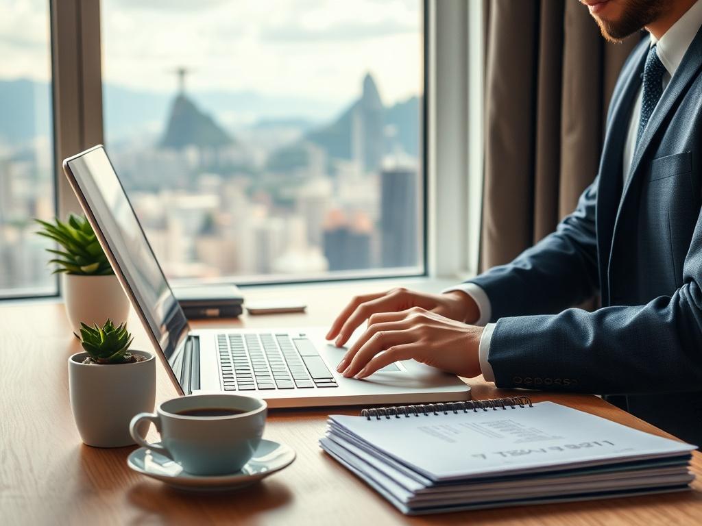 Create a hyper-realistic, high-resolution photo that captures the essence of the blog titled "Understanding the Process of Leaving Tax Residency in Brazil." The image should feature a single, sharp subject: a well-organized desk space where an accountant, dressed in a professional attire, is actively working on a laptop. The focus should be on the accountant's hands as they meticulously go through a series of forms and documents related to tax residency termination. 

In the background, a soft-focus view of a window shows a glimpse of the Brazilian skyline, with iconic structures such as Sugarloaf Mountain or the Christ the Redeemer statue subtly visible, hinting at the location's cultural significance. The desk should be minimalistic, showcasing a potted plant, a cup of coffee, and a small stack of neatly arranged files to create an atmosphere of professionalism and focus.

The lighting should be warm and inviting, with sunlight filtering in through the window, casting gentle shadows and adding depth to the composition. Ensure that the color scheme harmonizes with a primary color of rgb(50, 170, 39), adding a fresh and vibrant touch to the scene. Overall, aim for clarity and simplicity in composition, allowing the viewer to feel invested in the process of understanding how to officially end tax residency in Brazil.