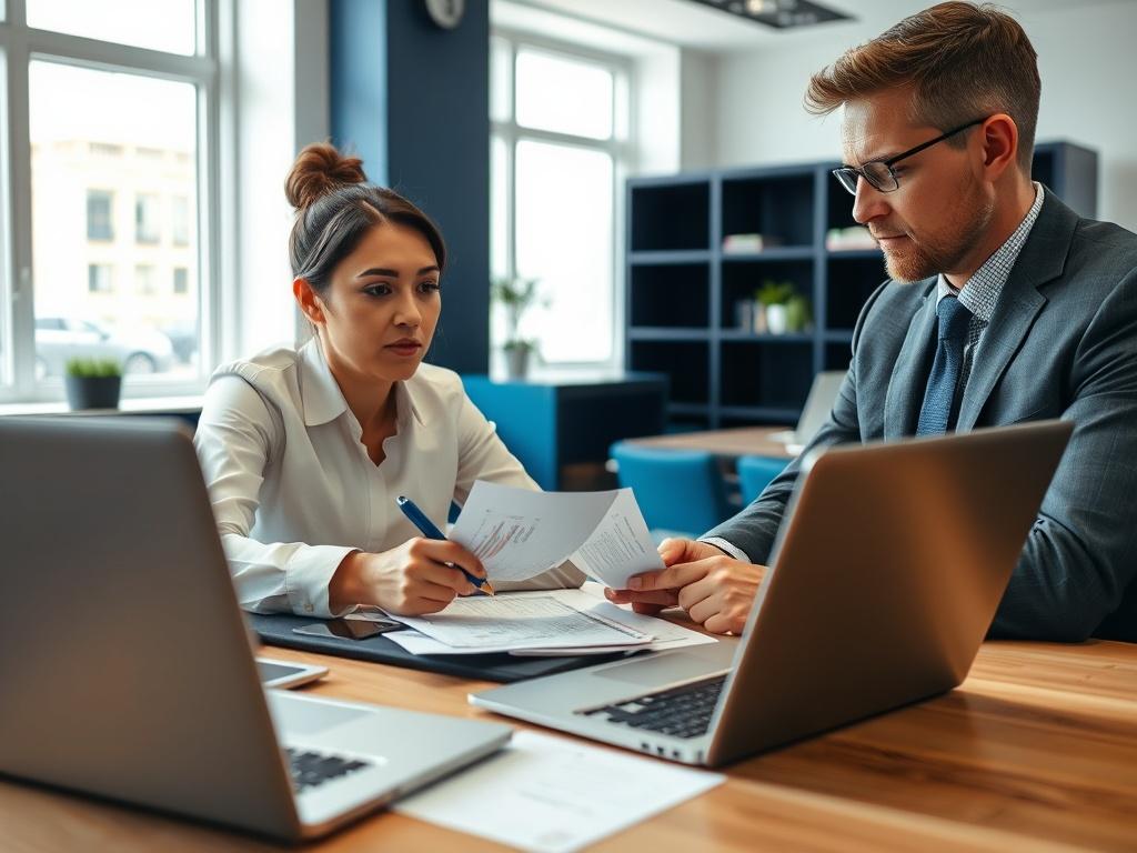 A professional accountant conducting a tax review for a small business client, with financial statements and a laptop open on the table. The office has a modern and bright ambiance, featuring navy blue decor to convey a sense of professionalism. Captured in a close-up, showcasing engagement and focus, shot with a 45mm f/1.2 lens style.