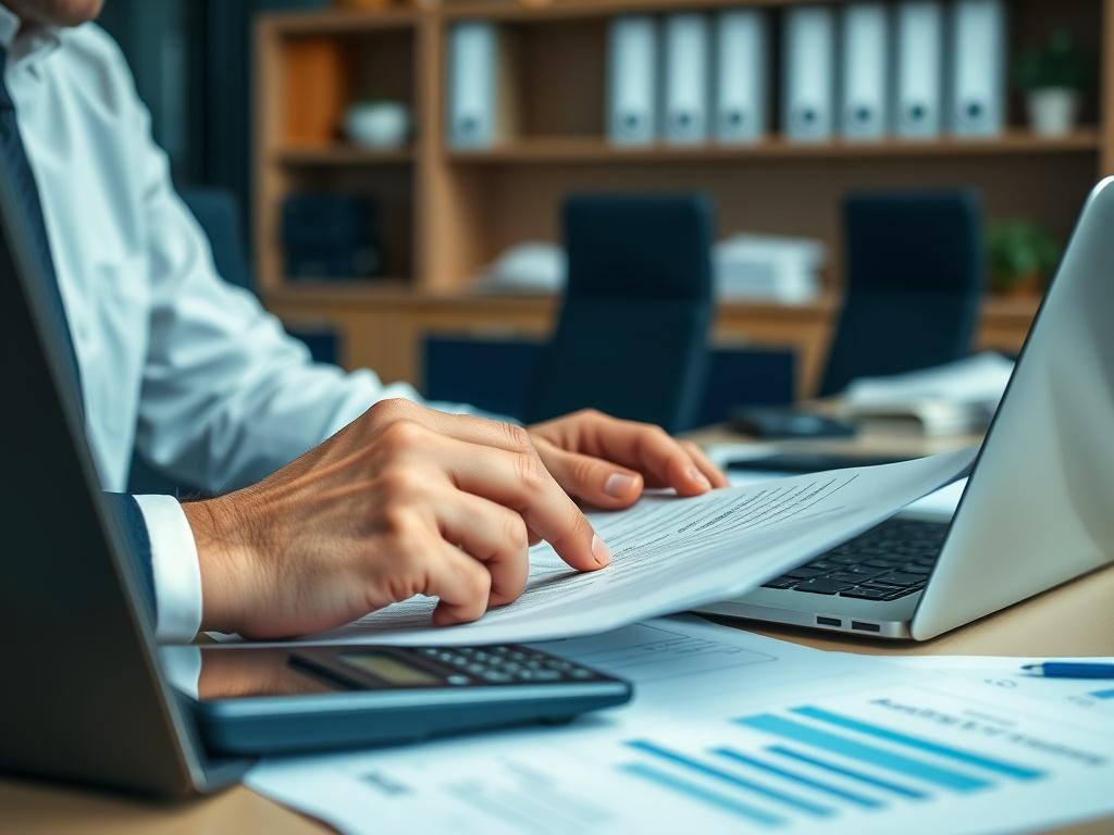 A close-up shot of a professional accountant reviewing tax documents, surrounded by a calculator, laptop, and financial reports. The setting is an organized office with navy blue accents, showcasing a focused atmosphere. The image emphasizes clarity and professionalism, shot with a 45mm f/1.2 lens style.