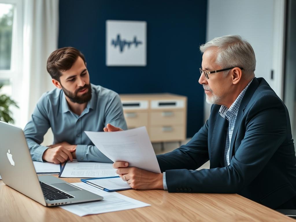 A close-up shot of an entrepreneur discussing company formation with an accountant, with documents and a laptop on the table. The atmosphere is collaborative and supportive, with navy blue elements in the professional office setting. Captured in a way that highlights the partnership, shot with a 45mm f/1.2 lens style.