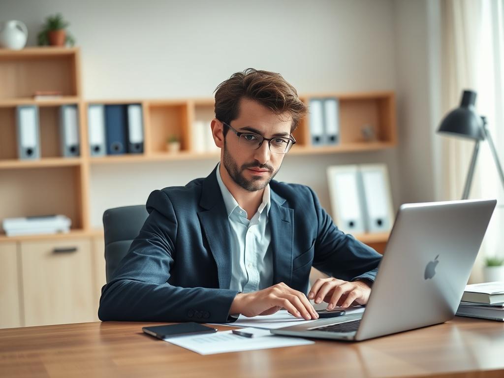 A realistic high-resolution photo of a professional accountant sitting at a tidy desk, focused on a laptop with financial documents and a calculator in front of them. The accountant is wearing business attire, with a serious yet approachable expression. The background is softly blurred to emphasize the accountant, with a clean and organized workspace. The color scheme features natural light highlighting rich navy tones, compatible with the rgb(50, 170, 39) primary color.