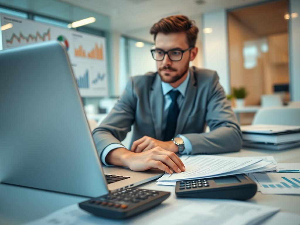 A hyper-realistic close-up shot of a professional accountant working on a laptop, surrounded by financial documents and calculators. The setting is a modern office with a clean and organized desk. The accountant is focused, wearing business attire, and the background subtly features elements of financial charts and graphs, creating a sense of professionalism and expertise. The color scheme should complement the rgb(50, 170, 39) primary color.