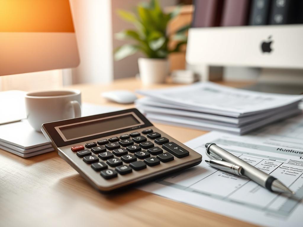 **AI Image Generation Prompt:**

Create a realistic high-resolution photo featuring a close-up shot of a neatly organized desk with a single subject: a sleek, modern calculator positioned next to a stack of neatly arranged tax documents and a pen. The calculator should be a prominent contrast to the background, which consists of soft, blurred office elements like a computer, a plant, and a coffee cup to provide context without distraction. The lighting should be warm and inviting, with natural sunlight soft