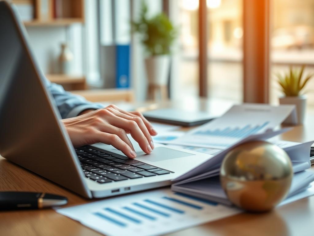 A high-resolution close-up shot of a professional accountant's hands working on a laptop with financial documents and graphs on the desk, emphasizing accuracy and attention to detail. The setting should be bright and inviting, with a clean, organized background that features subtle elements of a modern office environment.