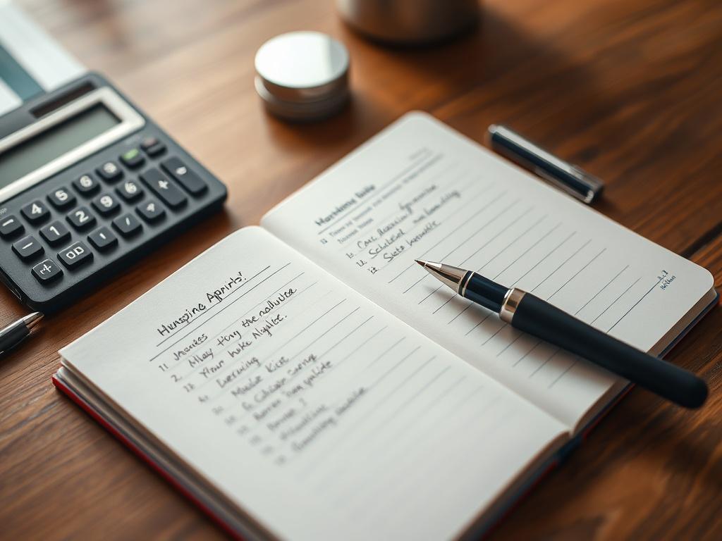 A hyper-realistic close-up shot of an open notebook with neatly written bookkeeping entries, a calculator, and a pen placed beside it. The background is softly blurred to keep the focus on the writing tools and the notebook, with a warm and inviting color palette that complements the navy blue theme of the website. The lighting is soft and natural, suggesting a workspace atmosphere.