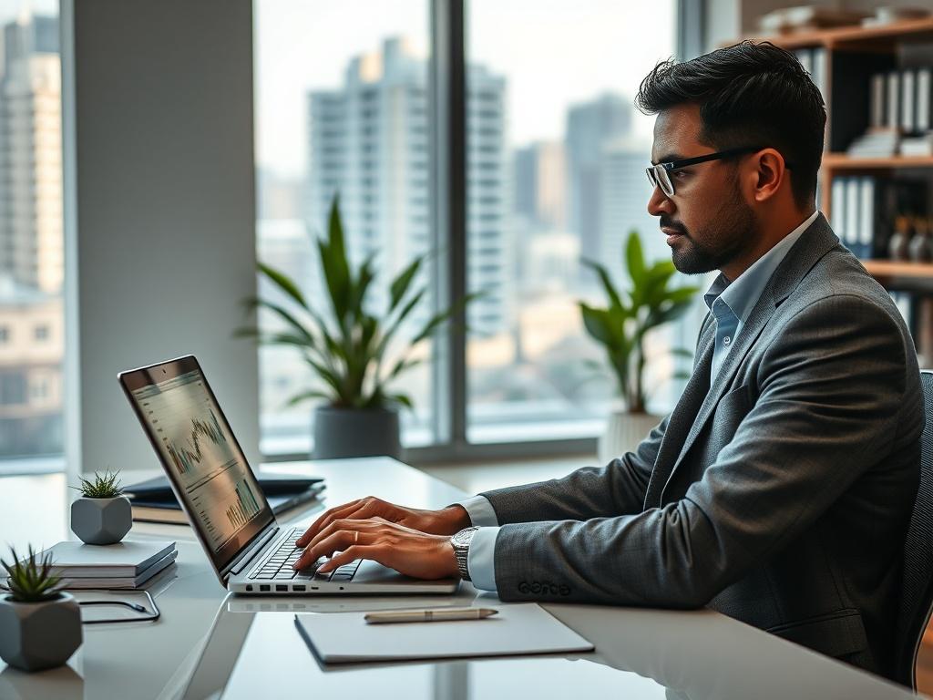 **Image Generation Prompt:**

Create a realistic high-resolution photograph that encapsulates the theme "Embracing AI and Automation in Accounting." The composition should feature a single, focused subject—a professional accountant, a middle-aged person of diverse descent, sitting at a modern, sleek desk in a well-lit, contemporary office environment. 

The accountant is engaged with a high-tech laptop displaying graphs and analytics, exhibiting a look of concentration and insight as they utilize AI softwar