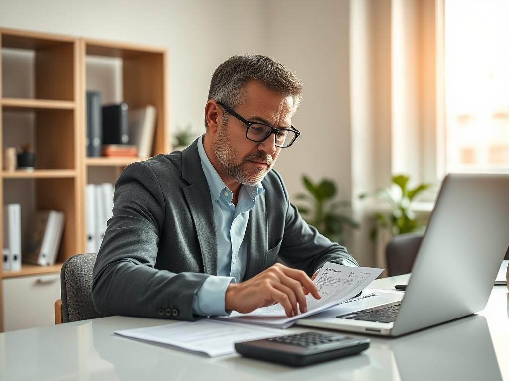 Generate a realistic high-resolution photo depicting a focused individual working diligently on their tax returns at a clean, modern desk. The main subject is a middle-aged man or woman, appearing thoughtful and engaged with tax documents, a calculator, and a laptop open in front of them. The person should be wearing smart-casual attire, indicating a professional yet approachable demeanor.

The composition should be simple and clear, with the subject placed slightly off-center to create a sense of balance. The background should feature soft, blurred elements like a neat bookshelf filled with tax-related books, a small green plant adding a touch of nature, and an open window allowing natural light to illuminate the workspace. The lighting should create a warm and inviting atmosphere, highlighting the individual's focus and dedication to understanding tax return preparation.

Ensure the image captures the essence of guidance and professionalism, embodying the theme of assistance for individuals and entrepreneurs navigating their tax returns. Use a lens effect that provides a shallow depth of field, keeping the individual in sharp focus while softening the background elements for a polished, professional look. The final image should evoke a sense of clarity, expertise, and support, ideal for a blog titled "Understanding Tax Returns."