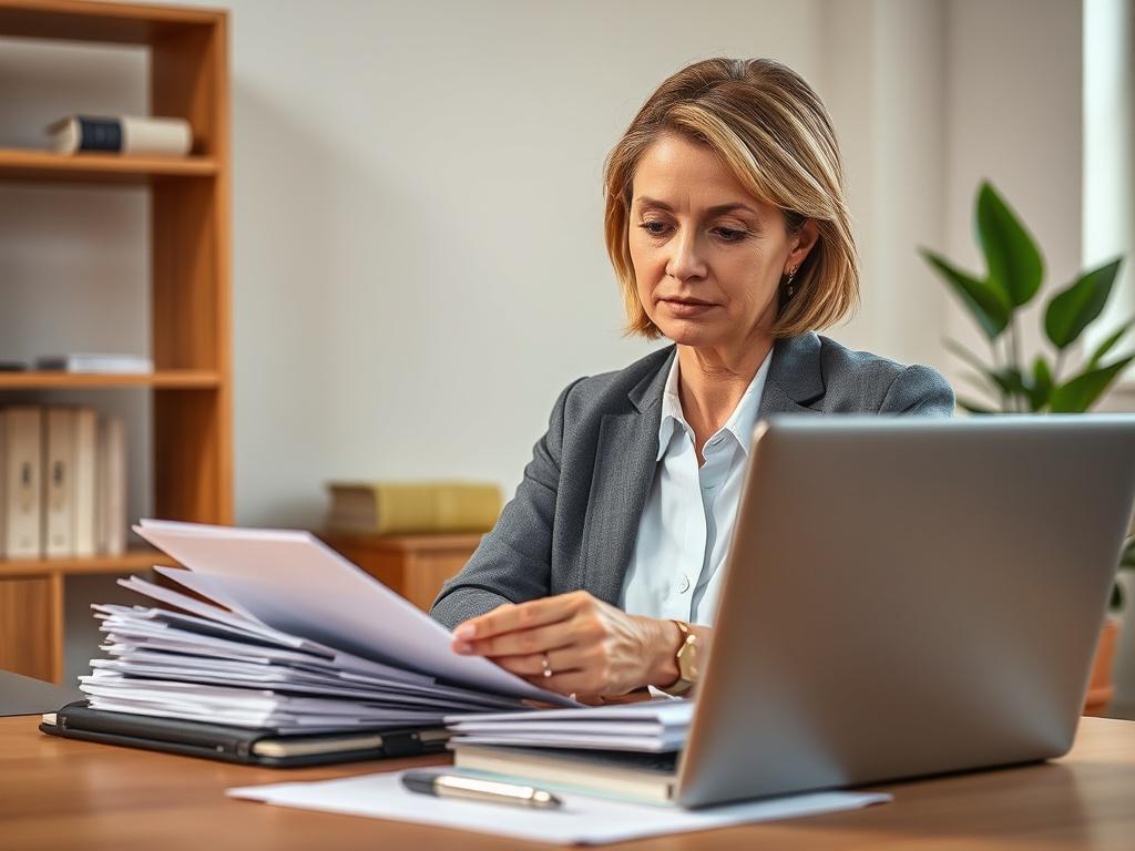 Create a realistic high-resolution photo focused on the title "Navigating Tax Returns for Small Businesses." The composition should feature a single subject: a small business owner, a middle-aged Caucasian woman, sitting at her desk in an office environment. She should appear focused and engaged, reviewing a stack of organized documents and a laptop displaying a tax preparation software interface. 

The background should be simple and professional, featuring soft, natural lighting coming from a window, with