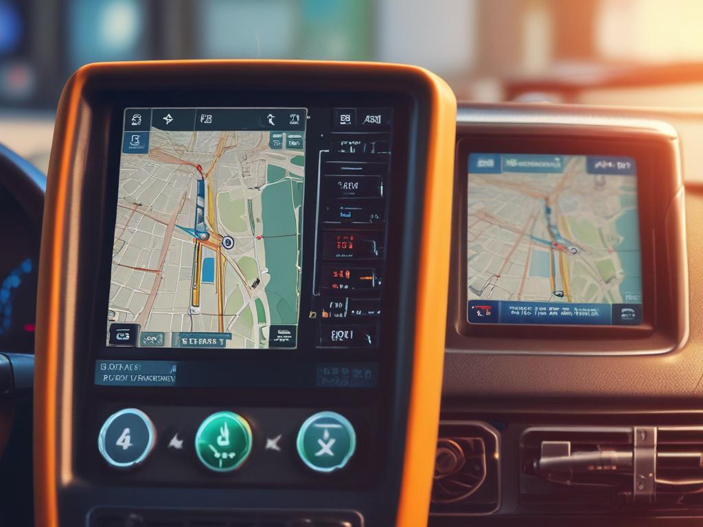 realistic close up of a tow truck dashboard displaying GPS