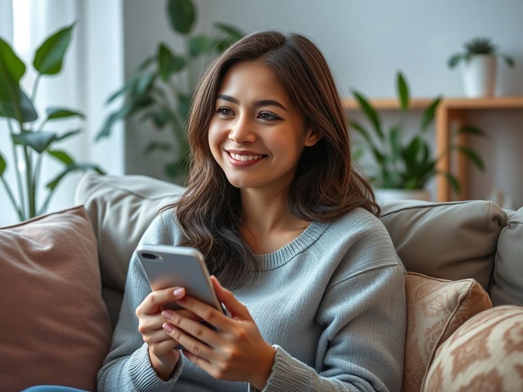 A close-up shot of a woman sitting on a comfortable couch, holding a mobile phone in her hand with an expression of relief and contemplation. She has a gentle smile and appears relaxed, showcasing a serene living room environment with soft lighting, plants in the background, and cozy decor. The focus is on her face and the phone, emphasizing her positive emotions as she communicates her feelings.