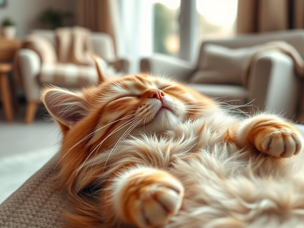 Generate a highly realistic high-resolution image of a whole-body cat sleeping on its back, with its paws facing towards the ceiling. The cat should be fluffy, with a soft orange tabby coat, showcasing its relaxed, serene expression. The composition should be simple and clear, centered around the cat, which occupies the foreground of the image. The background should be a warm and inviting living room setting, featuring a soft blanket and a cozy armchair, subtly blurred to ensure the cat remains the focal po