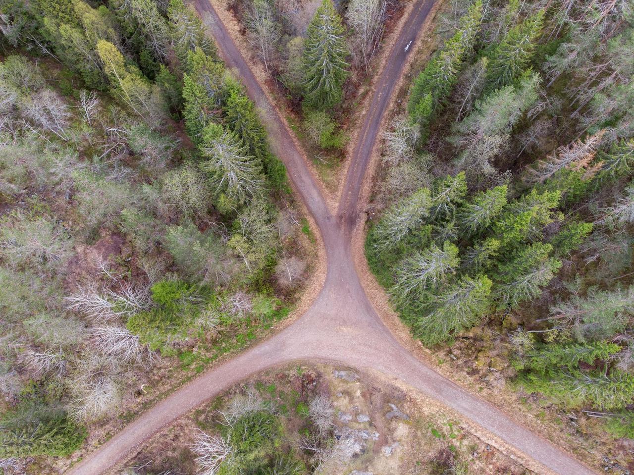 A bird's-eye view of a forest road intersection in Nittedal, Norway.