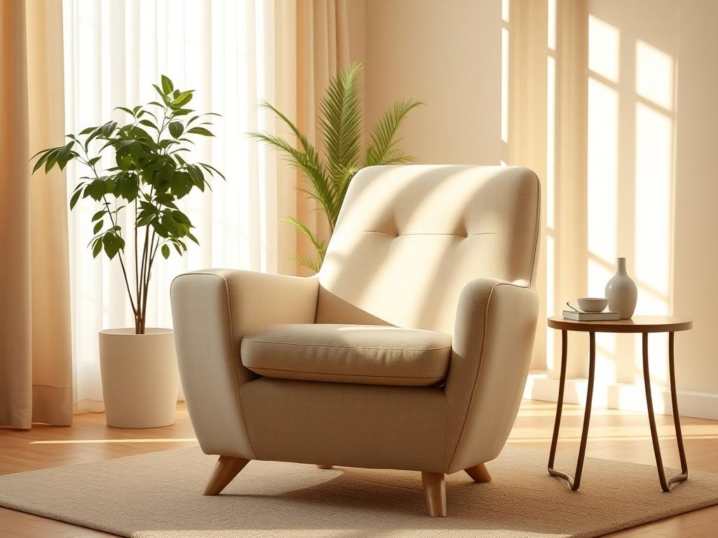 A modern therapy chair set in a serene room, featuring beige tones. The chair should be plush and inviting, with soft fabric upholstery. The room should have warm, natural lighting, creating a calming atmosphere. Subtle decorative elements like a plant in the background and a small side table can enhance the peaceful setting. The focus should be on the chair, emphasizing comfort and tranquility.