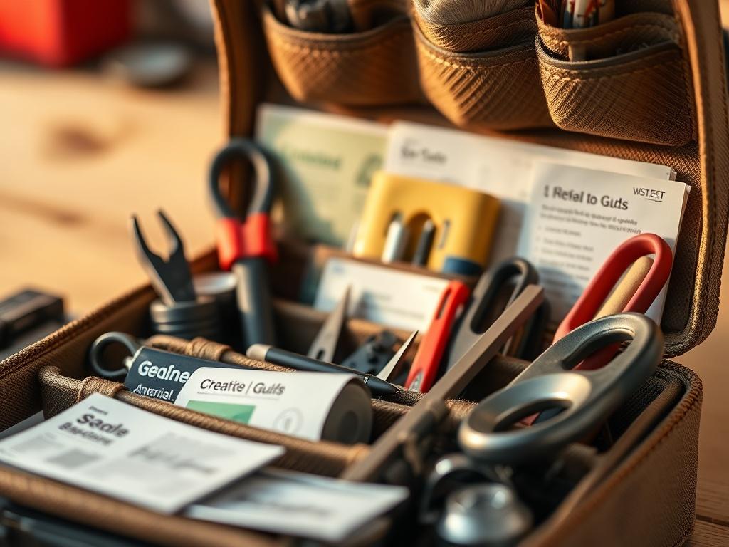 A close-up shot of an organized toolkit with various tools and guides displayed neatly. The toolkit is made from recycled materials, showcasing its eco-friendly design. The background features a soft, warm light that highlights the creativity and potential of the items within.