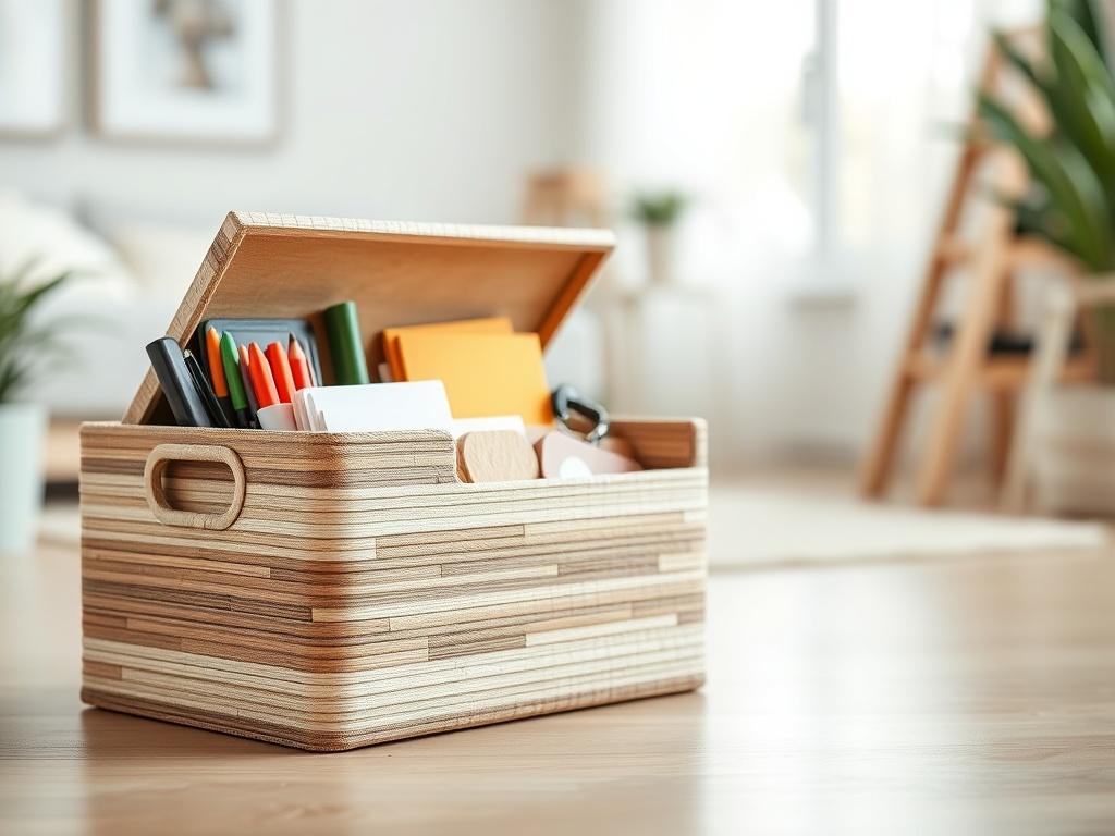 A close-up shot of a beautifully organized eco-friendly storage box made from natural materials. The box is filled with colorful, neatly arranged items. The background is a soft-focus of a well-lit room, highlighting the harmony between design and sustainability.