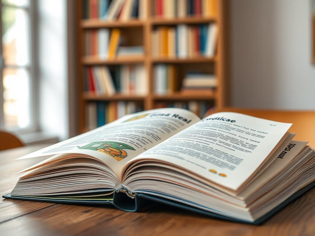 A close-up shot of an open book titled 'Ethical Resale Guide' on a wooden table. The pages are filled with colorful graphics and text. The background features soft natural lighting with a blurred bookshelf, creating an inviting and educational atmosphere.