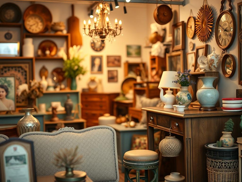 A high-resolution close-up shot of a vibrant pop-up shop display featuring an array of beautifully restored items. The scene is filled with warm lighting, showcasing unique furniture pieces, vintage decor, and handcrafted accessories. The background is simple and clean, allowing the focus to remain on the stunning items for sale. Capture the essence of community and renewal, with a hint of bustling activity in the blurred background.