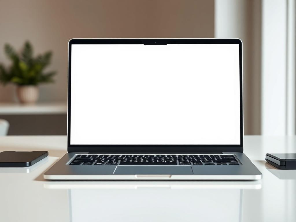 A modern refurbished laptop on a sleek desk, with a clean and minimalist background that emphasizes the device's features. The lighting should be bright and even, highlighting the laptop's screen and keyboard, inviting potential buyers to envision using it in their own workspace.