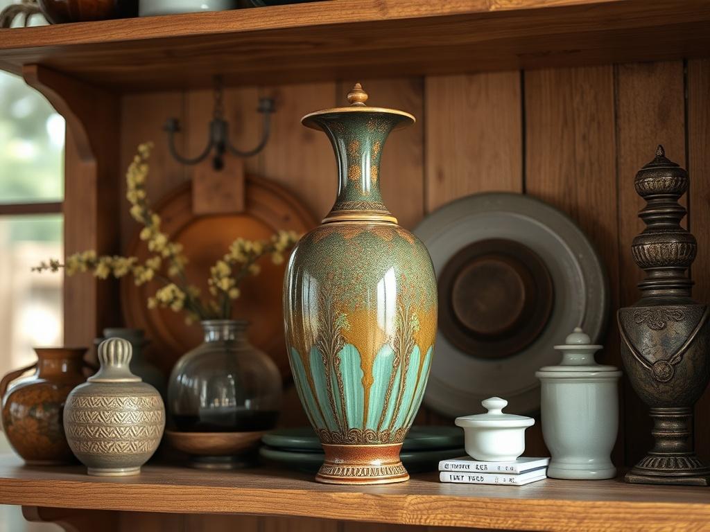 A beautifully restored vintage vase displayed on a wooden shelf, surrounded by other decorative items that complement its design. The arrangement is thoughtfully composed, with soft natural light highlighting the vase's colors and textures, creating an inviting atmosphere.
