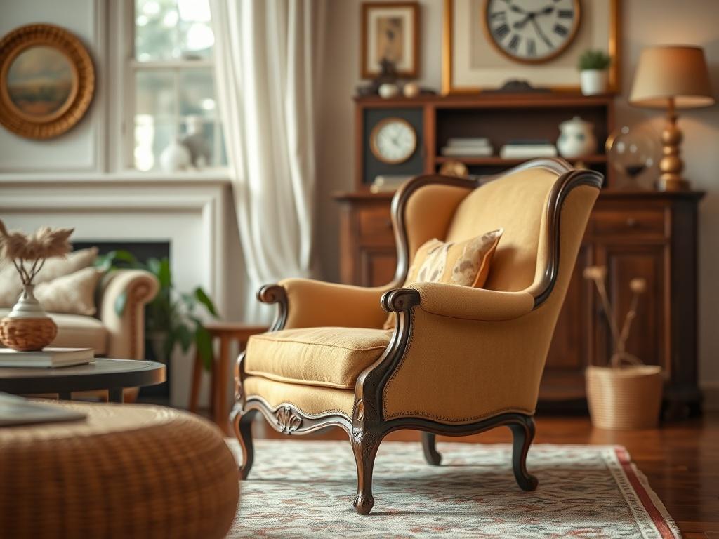 A beautifully restored vintage armchair in a cozy living room setting, showcasing its elegant design and craftsmanship. The background features soft lighting and tasteful decor that highlights the chair's unique character. The composition focuses on the armchair, with a warm color palette that complements the furniture's finish.