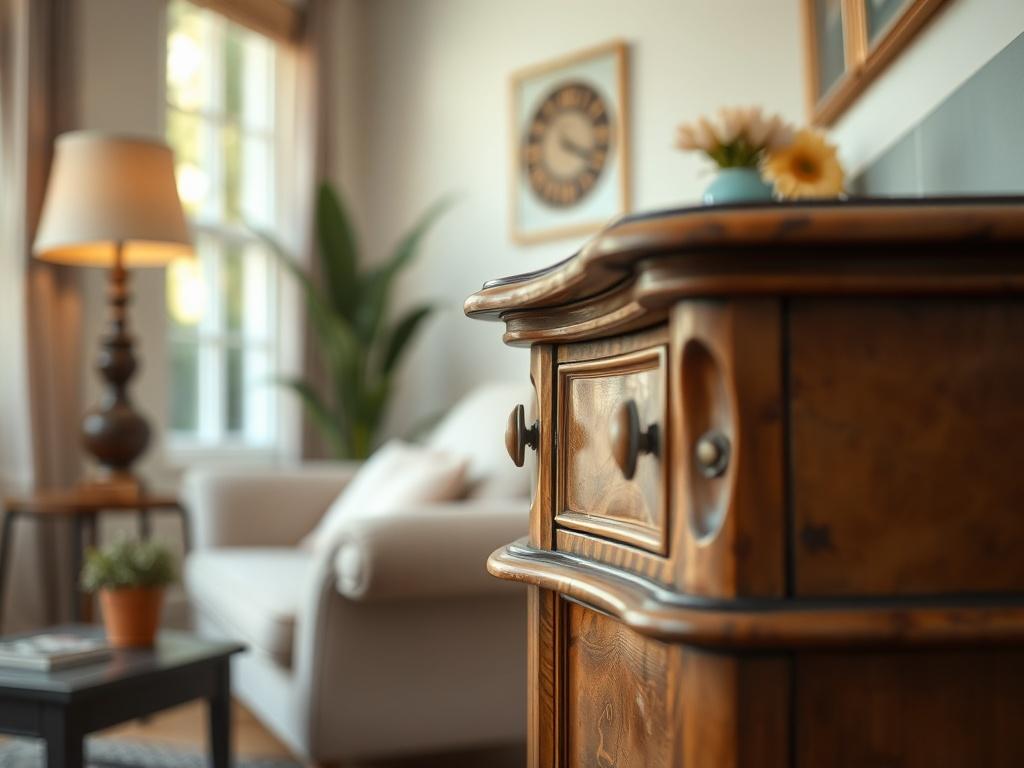 A close-up shot of a refurbished item, such as a vintage piece of furniture, beautifully restored and displayed in a well-lit room. The focus should be on the intricate details of the item, showcasing its renewed quality and craftsmanship. The background should be simple and elegant, allowing the refurbished item to stand out prominently. The image should reflect a warm, inviting atmosphere, with natural light enhancing the colors and textures of the piece.