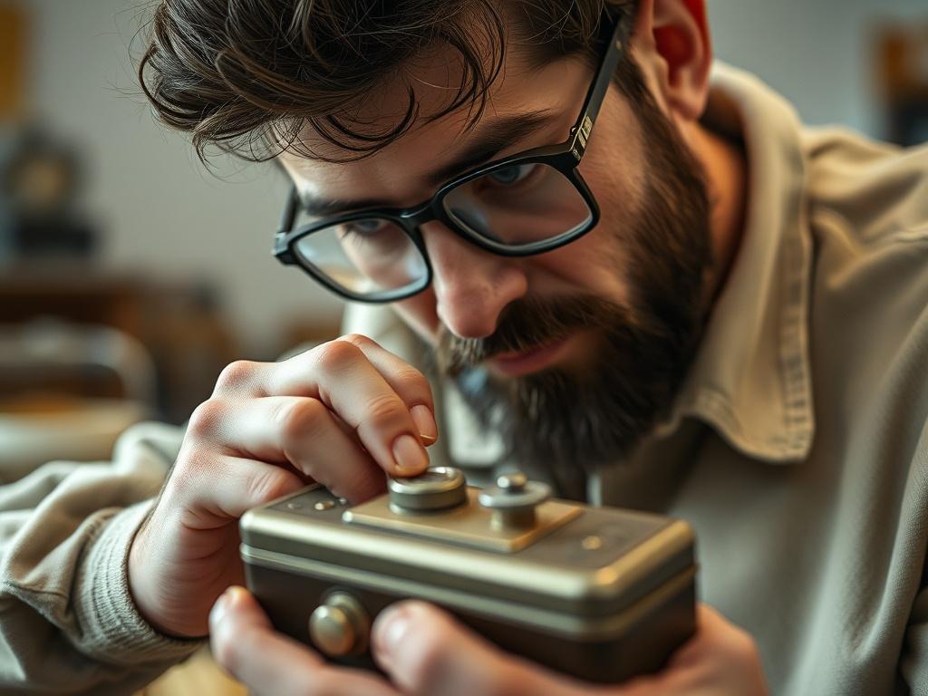 A close-up shot of a person examining a vintage item in a well-lit room, highlighting the details of the item. The background is blurred to focus on the assessment process.