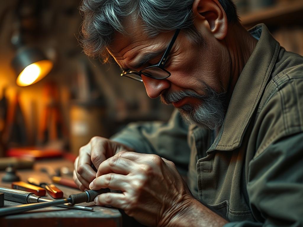 A vibrant close-up of a skilled artisan restoring an antique piece, tools neatly arranged around them, showcasing the intricate work being done. The background is softly illuminated to enhance the focus on the restoration.