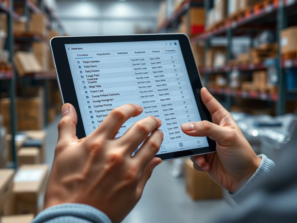 A high-resolution image of a digital tablet displaying a detailed inventory list of items, hands of a person interacting with the tablet. The background shows a storage area with various items.
