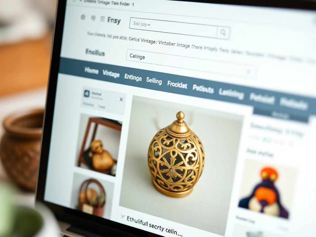 An engaging close-up of a beautifully displayed vintage item on an online marketplace, showcasing its details and charm. The screen reflects a user-friendly interface, emphasizing the ethical selling aspect.