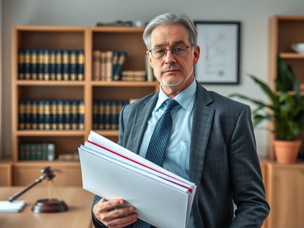 **AI Image Generation Prompt**

Create a realistic high-resolution photo showcasing a focused scene that vividly illustrates the theme of "Slip and Fall Cases: How a Wilmington Law Firm Proves Negligence." The central subject of the image should be a confident attorney in a professional outfit, standing in a well-lit office environment that resembles a legal workspace. 

The attorney, a middle-aged person with a thoughtful expression, should be holding a legal file with documents clearly visible, symbolizin