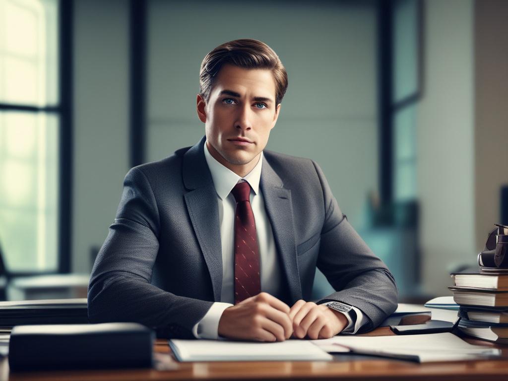 Create a realistic high-resolution photo featuring a professional car accident lawyer, depicted as a mid-30s Caucasian man, seated at a desk in an inviting office environment. The lawyer should have a confident yet empathetic expression, showcasing his dedication to helping clients. In front of him, place essential legal documents, a laptop, and a gavel, symbolizing the legal process. The background should include a tastefully arranged bookshelf filled with law books, a window allowing natural light to illu