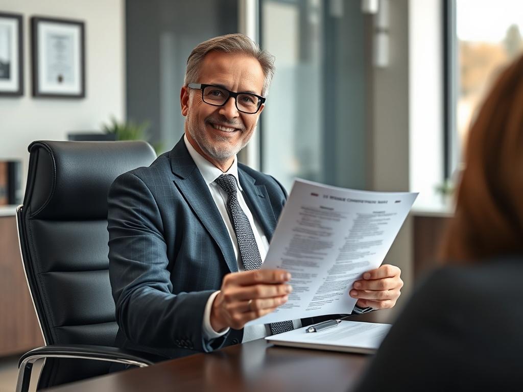 **AI Image Generation Prompt:**

Create a realistic high-resolution photo of a confident and empathetic lawyer seated at a modern, sleek desk in a well-lit office space. The focus should be on the lawyer, a middle-aged individual with a warm expression, dressed in a tailored suit, actively engaging with a client. The lawyer should be holding a set of documents that represent workers’ compensation benefits, showcasing their professionalism and dedication to helping others. 

In the background, include subtle