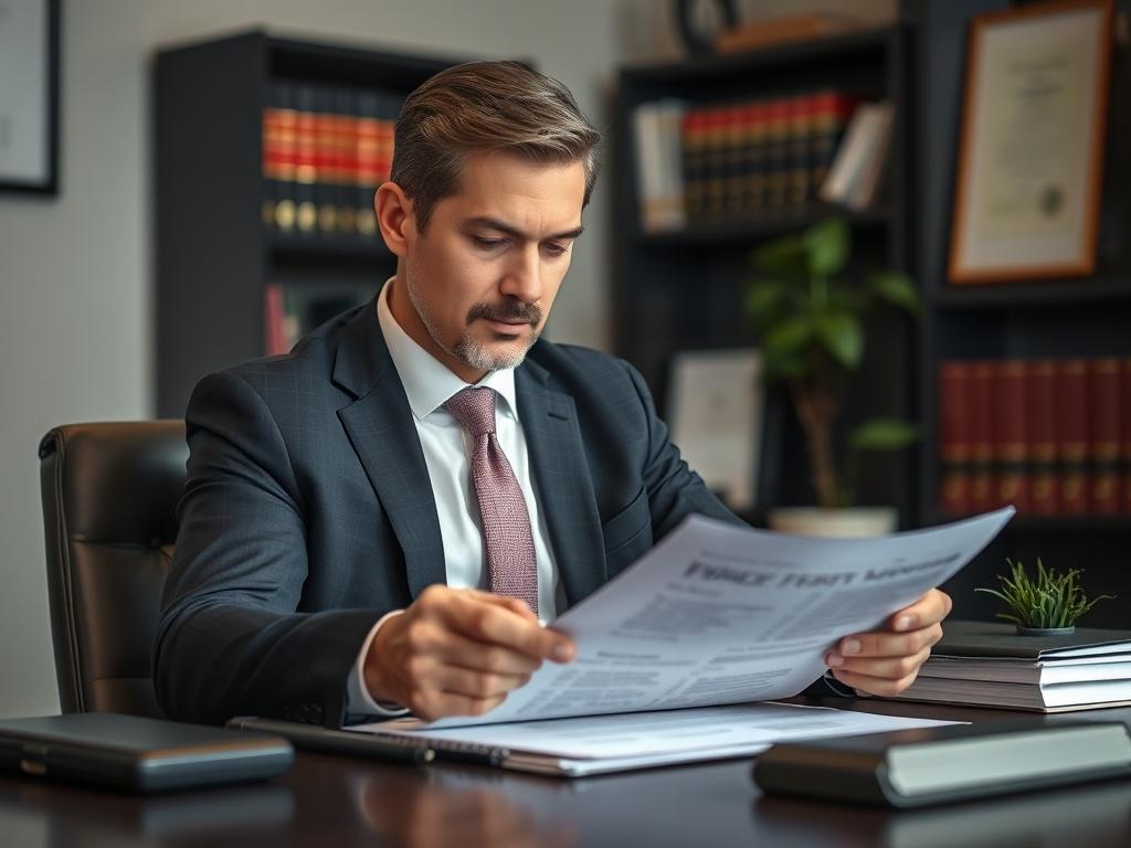 **AI Image Generation Prompt:**

Create a realistic high-resolution close-up photograph that captures the essence of a workers' compensation claim process. The subject of the image should be a professional-looking attorney seated at a well-organized desk, focused on reviewing a claim form or a legal document. The attorney should appear engaged and thoughtful, wearing a tailored suit, reflecting a sense of trust and expertise.

In the background, include subtle hints of a modern law office, such as a neat bo