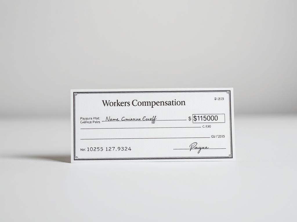 Create a realistic high-resolution photo showcasing a single workers compensation check prominently displayed on a clean, simple background. The check should be positioned slightly off-center for an engaging composition. Focus on the details of the check, highlighting features such as the payee's name, amount, and signature. The background should be a soft, blurred gradient in shades of grey, drawing attention to the check without any distracting elements. Ensure the lighting is soft and even, emphasizing t