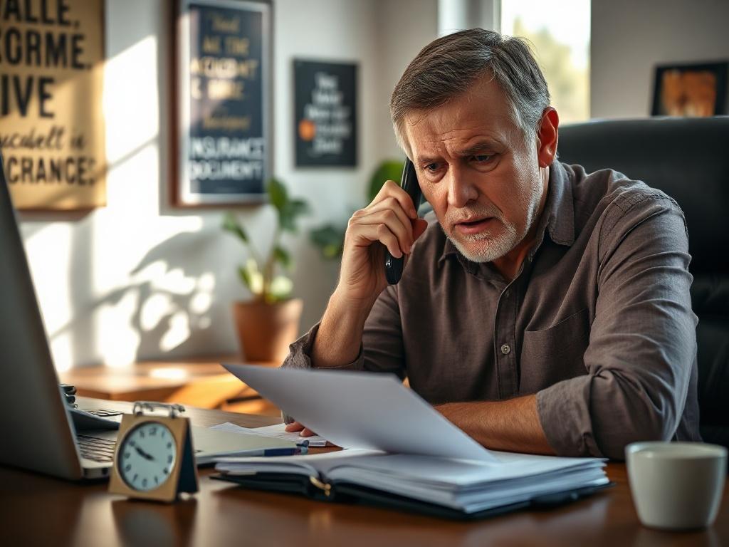 Create a realistic high-resolution photo that captures the essence of the blog titled "Common Mistakes to Avoid Without an Accident Attorney in Wilmington, NC." Focus on a single subject: a worried individual sitting at a desk, visibly distressed while holding a phone and looking at a stack of papers labeled "Insurance Documents." The individual, a middle-aged person with a concerned expression, should be dressed casually, conveying a sense of vulnerability.

In the background, include a softly blurred depi