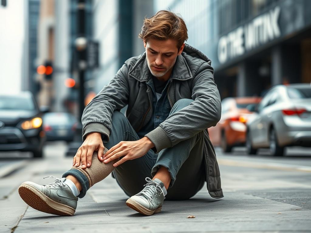 **Prompt for AI Image Generation:**

Create a highly realistic, high-resolution close-up photograph featuring a concerned individual sitting on a city sidewalk after experiencing an injury in a crash. The subject should be a young adult, around 25-30 years old, with a worried expression, gently touching their knee, which is visibly bandaged. Their clothing should be casual yet stylish, reflecting an urban environment. The background should be softly blurred to emphasize the subject and may include a hint of