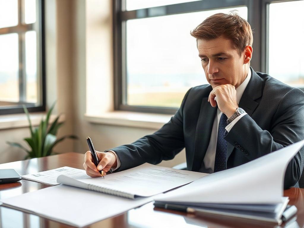 Create a realistic high-resolution photo that represents a blog about car accident case timelines in Wilmington, NC. The focus of the image should be a close-up shot of a thoughtful, professional-looking personal injury lawyer sitting at a desk. The lawyer, a middle-aged person of Caucasian descent with short brown hair, is dressed in a smart dark suit and is reviewing paperwork related to a car accident claim. 

The desk is neatly organized, with legal documents and a pen, showcasing a serious and diligent