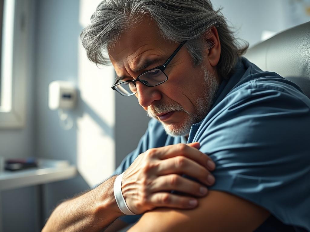 Create a realistic high-resolution photo featuring a close-up of a person with a concerned expression, sitting in a doctor’s office, looking down at their arm, which has a small bandage on it, suggesting a “minor” injury. The subject should be a middle-aged individual of diverse ethnicity to reflect community representation. 

Composition should be simple and clear, focusing solely on the individual; the background should be softly blurred to emphasize the subject. The color palette should resonate with a c