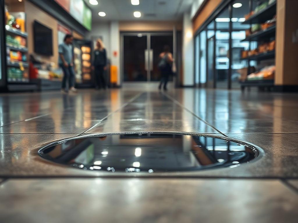 Create a realistic high-resolution photo capturing a close-up of a wet floor in a commercial space, emphasizing the potential hazard that can lead to slip and fall accidents. The image should focus on a single puddle of water reflecting overhead lights, demonstrating the condition of the floor. The background should feature an unobtrusive interior setting, like a grocery store or office lobby, accentuating the importance of cleanliness and maintenance. Include hints of other potential hazards, such as a sli