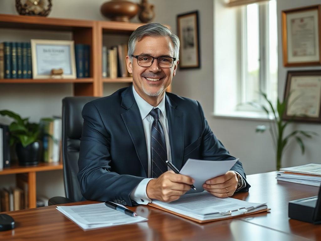 Create a highly realistic high-resolution photo focusing on a personal injury attorney in a professional office setting. The subject should be a middle-aged male attorney with a welcoming expression, dressed in a smart, tailored navy suit, sitting at a solid wood desk. The attorney should be holding a legal notepad and pen, illustrating engagement in a consultation, as if discussing compensation with a client.

In the background, include tasteful elements like a shelf filled with legal books, a potted plant