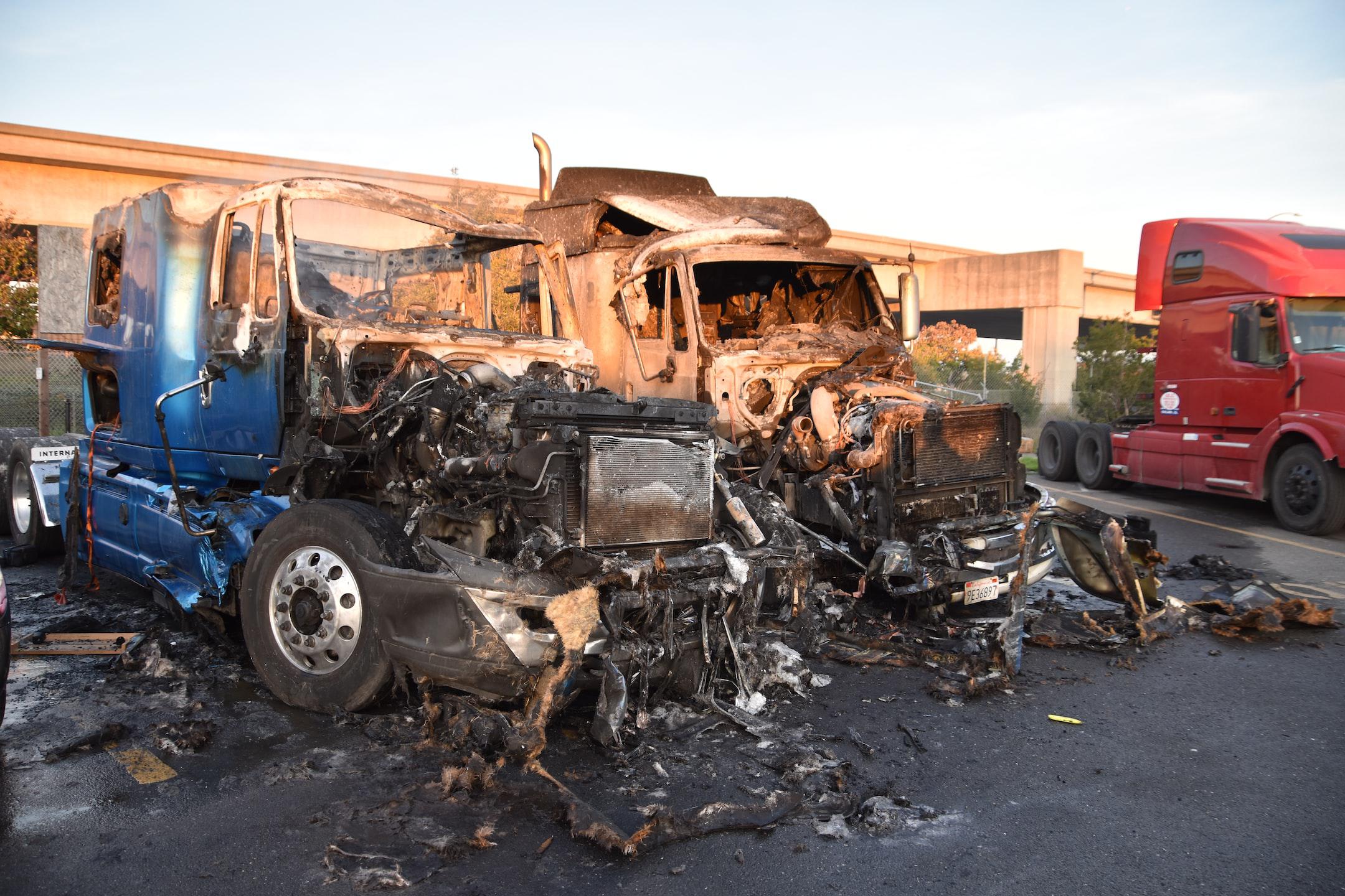 Complete fire burned trucks 