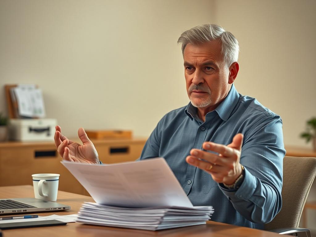 Create a realistic high-resolution photo depicting a concerned worker sitting at a desk in an office environment. The subject should be a middle-aged Caucasian male, dressed in business casual attire, looking at a stack of paperwork with a worried expression. His hands should be slightly raised, as if he is contemplating his next steps regarding filing a report on a job-related injury. 

The background should be softly blurred to emphasize the subject, featuring a neutral-toned office setup with a desk, cha