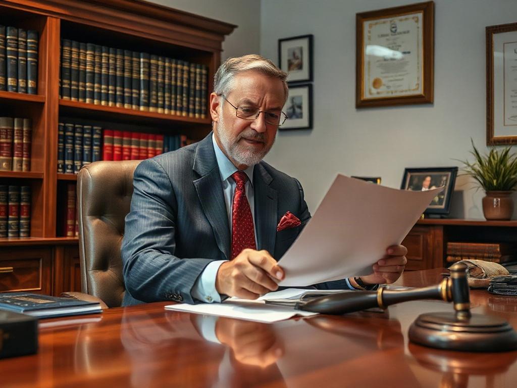 Create a hyper-realistic high-resolution image that embodies the theme of "Why Experience Matters in an Auto Accident Law Firm." The composition should feature a seasoned personal injury lawyer, portrayed as the sole subject of the image, sitting at a polished wooden desk in a well-appointed office setting. The lawyer, a middle-aged male or female, is dressed in a sharp, professional suit that conveys confidence and competence. 

The background should showcase elements that reflect professionalism and exper