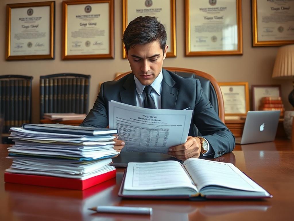 **AI Image Generation Prompt:**

Create a highly detailed, realistic high-resolution photo that depicts a professional Wilmington Truck Accident Attorney in their office environment. The subject should be a confident, focused attorney in business attire, seated at a sleek wooden desk with a thoughtful expression, examining documents related to a truck accident case. The attorney should be surrounded by legal books and a laptop opened to a spreadsheet, symbolizing their detailed work with insurance claims. T
