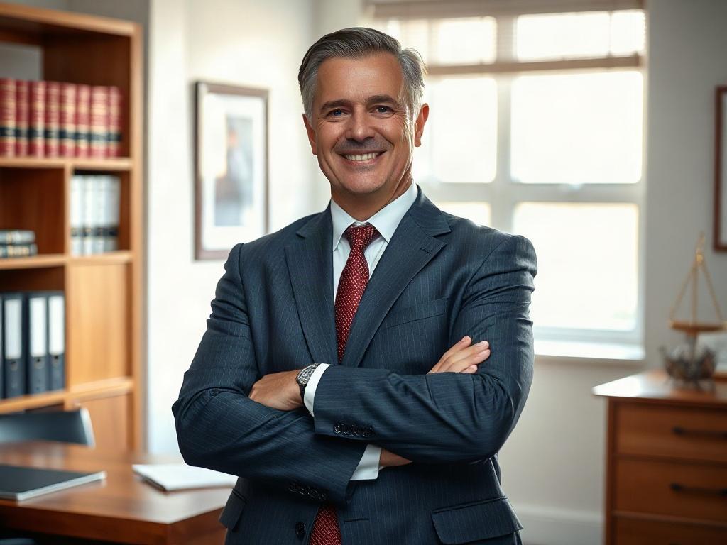 Create a realistic, high-resolution photo featuring a confident, professional-looking personal injury attorney in an office setting. The subject should be a middle-aged Caucasian man or woman, dressed in formal attire, standing confidently with arms crossed and a slight smile. The attorney should be positioned slightly off-center to adhere to the rule of thirds.

In the background, include a neatly organized office space with a wooden desk, law books on a shelf, and a window with natural light filtering thr