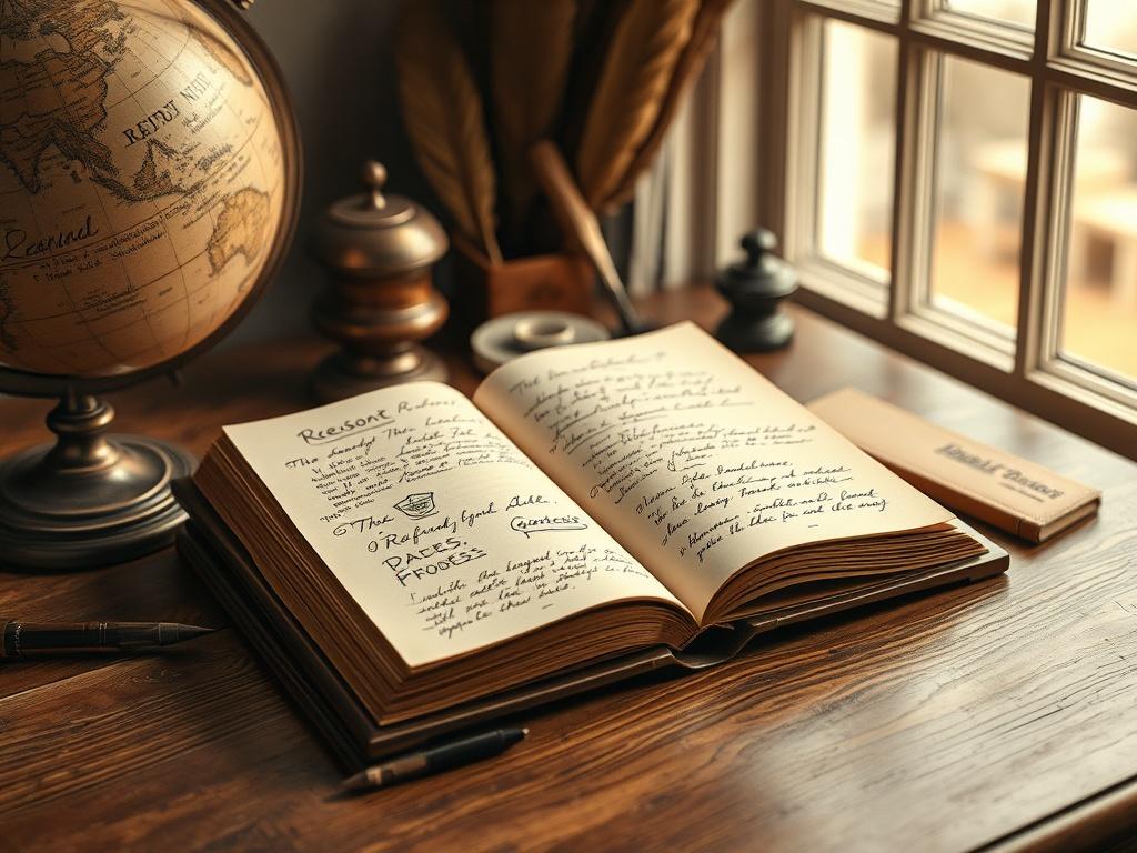 **AI Image Generation Prompt:**

Create a realistic high-resolution photo that visually embodies the theme of "The Impact of the Enlightenment on Modern Thought." The main subject of the image should be an elegant, antique wooden desk with a single open book resting on it. The book should feature pages filled with handwritten notes and sketches that represent the ideas of Enlightenment thinkers, such as reason, liberty, and progress.

The background should be softly blurred to emphasize the desk and the boo