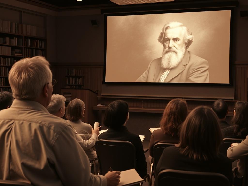 A sepia style image of a lecturer presenting in front