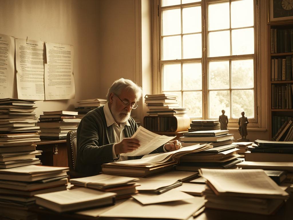 A sepia toned image of a scholar analyzing historical documents